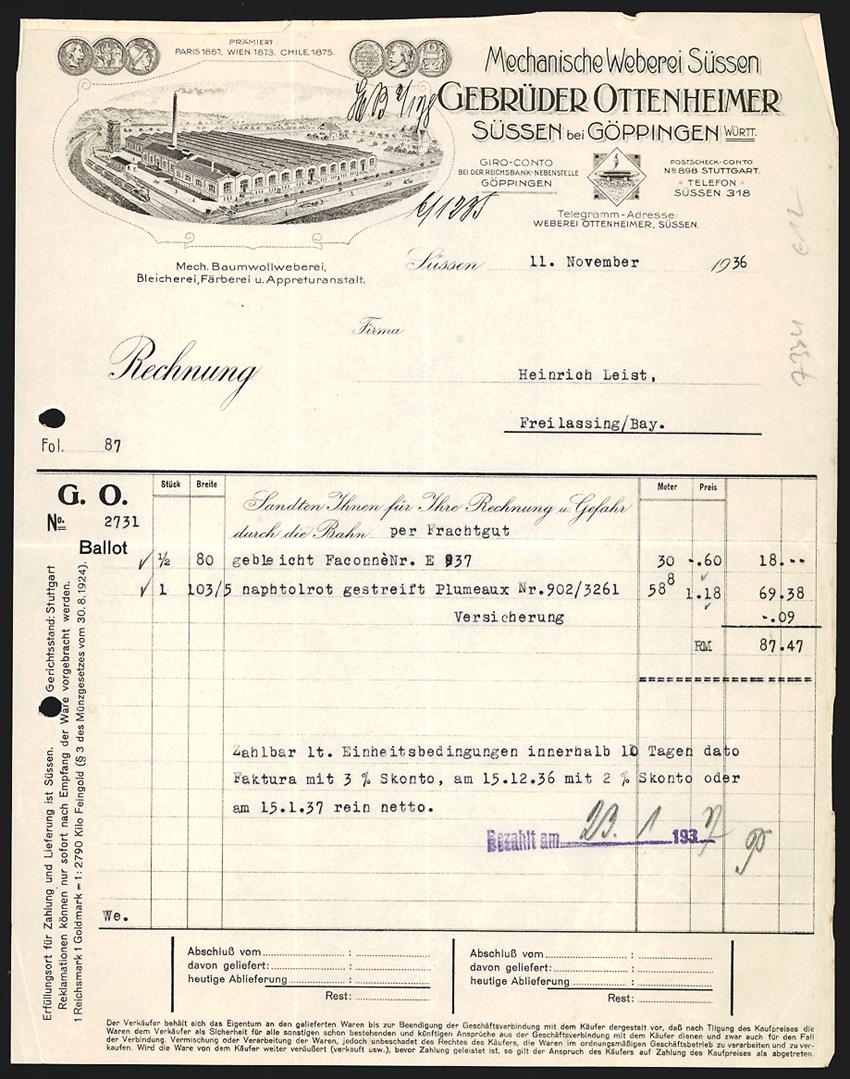 Invoice from Mechanische Weberei Süßen, Gebrüder Ottenheimer, 11 November 1936
